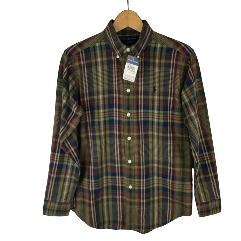 Ralph Lauren Boys Plaid Button Down Shirt Green Navy Red L‎ 14-16 Cotton NEW